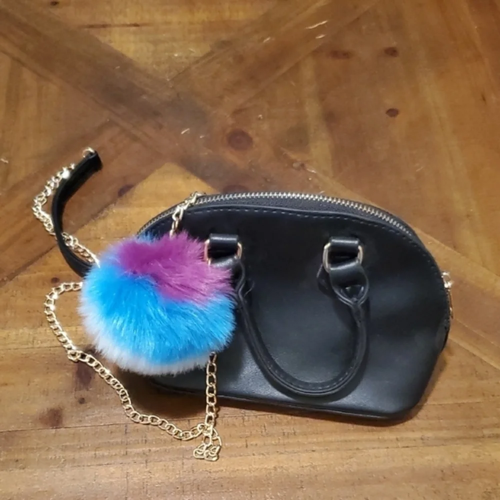 Black Kids Bag with Colorful Pom Pom